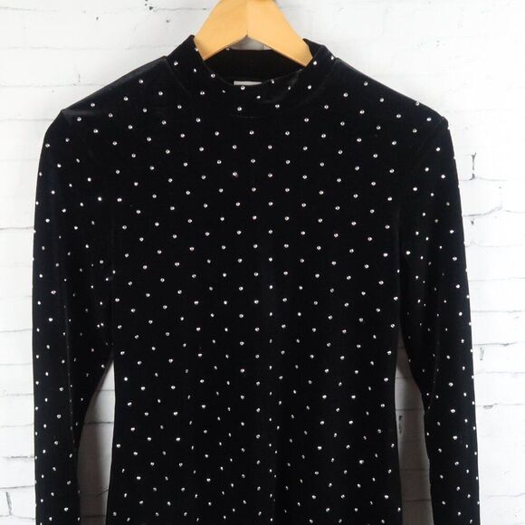 H&M BLACK VELVET RHINESTONE STUDDED LONG SLEEVE HIGH NECK DRESS SIZE SMALL - Picture 7 of 12
